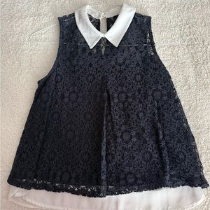 Elegant Navy Lace Top with White Collar